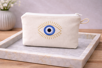 Pochette Tissu Brodée Oeil  Bleu Grec 