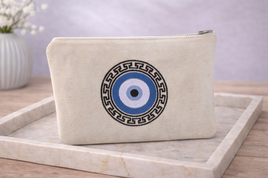 Greek Key Evil Eye Pouch – Embroidered Pouch – Handmade Pouch
