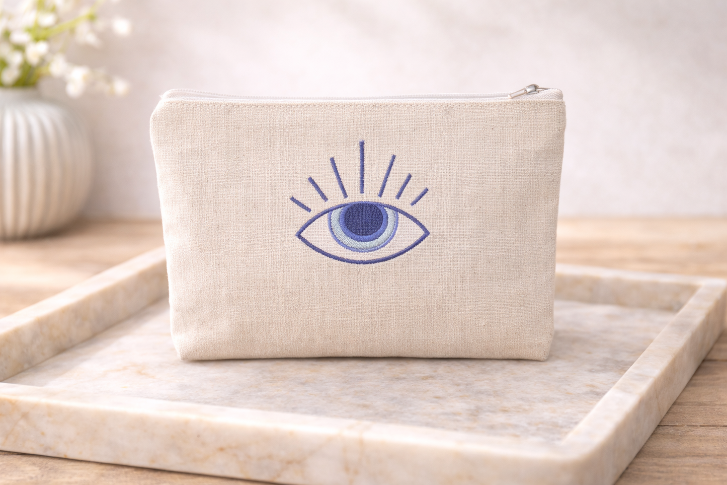 Embroidered Evil Eye Pouch – Greek gift - Handmade fabric pouch