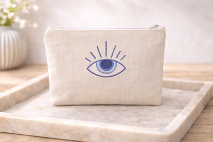 Embroidered Evil Eye Pouch – Greek gift - Handmade fabric pouch