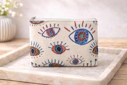 Greek Evil Eye Pouch - Jacquard Fabric Pouch - 2 sizes available - Greek Gift