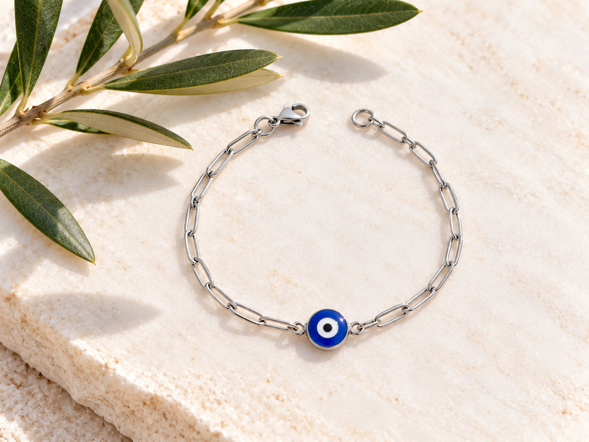 Bracelet Oeil Grec en Acier Inoxydable – Émail Bleu – Bijou Unisexe – 3 Styles de Chaînes