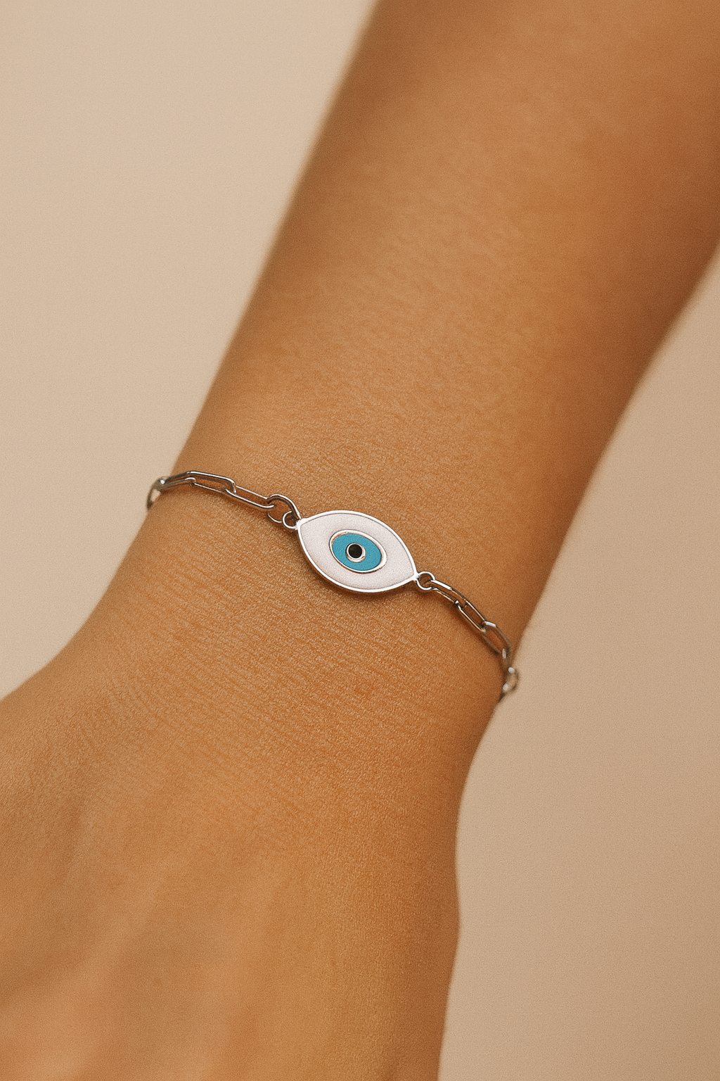 Bracelet Oeil Protecteur en Acier Émaillé & Chaîne Trombone Inoxydable