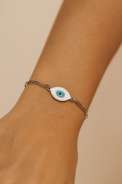 Bracelet Oeil Protecteur en Acier Émaillé & Chaîne Trombone Inoxydable