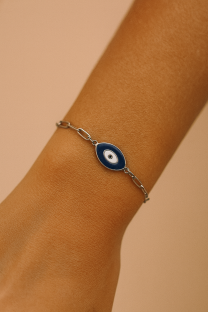 Bracelet Oeil Protecteur en Acier Émaillé & Chaîne Trombone Inoxydable