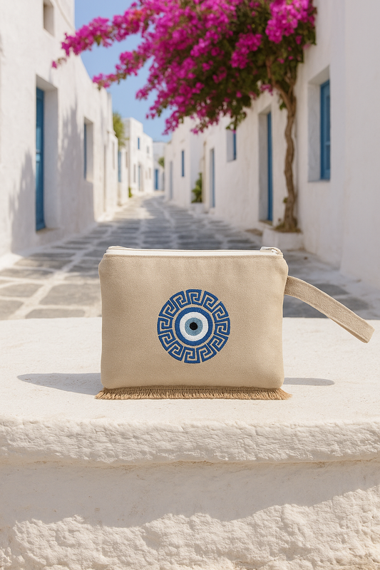 Handmade Evil Eye Zipper Pouch With Greek Meander Design