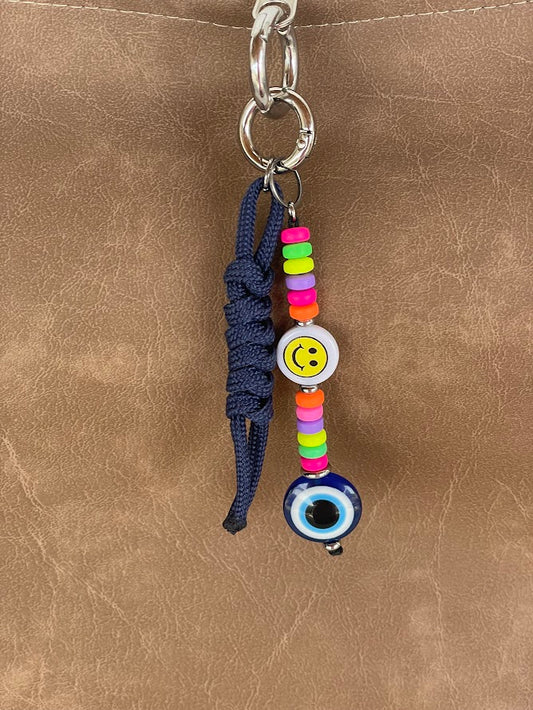 Evil Eye Smiley Face Bag Charm with Multicolor Rubber Beads