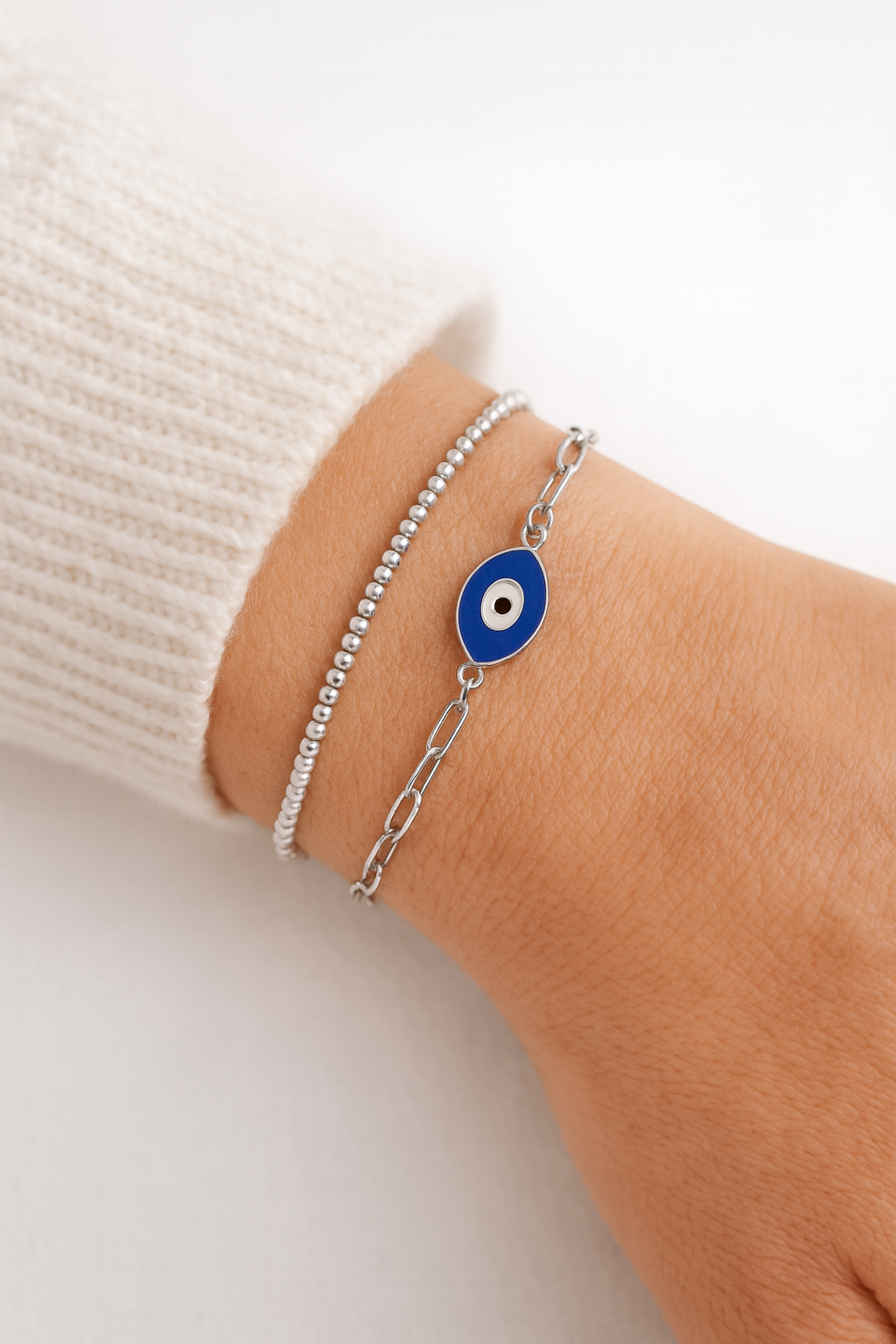 Bracelet Oeil Protecteur en Acier Émaillé & Chaîne Trombone Inoxydable