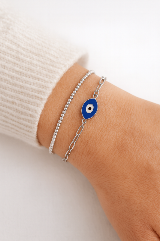 Bracelet Oeil Protecteur en Acier Émaillé & Chaîne Trombone Inoxydable