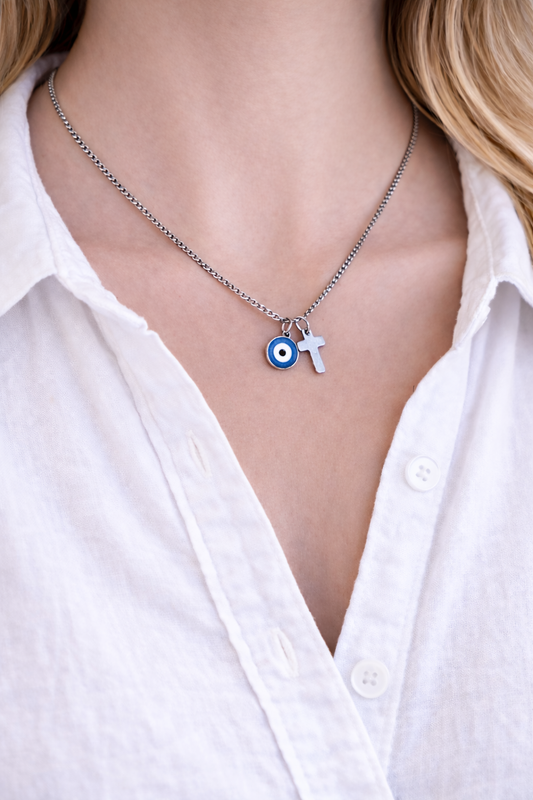 Evil Eye Cross Charms Necklace - Stainless jewelry - Gift for her - Tiny jewelry - Greek Gift