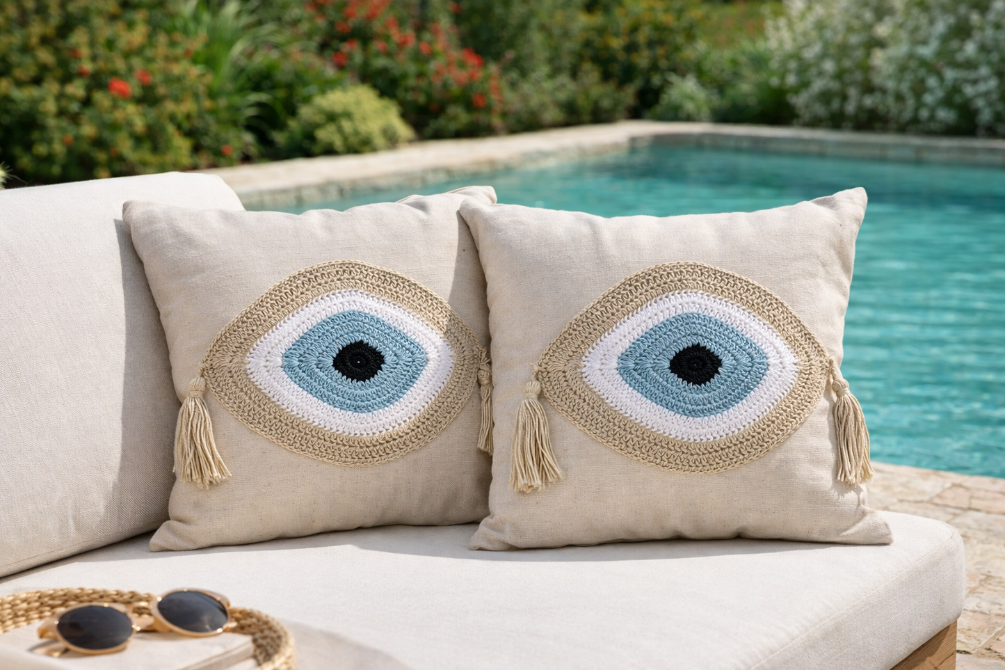 Handmade Evil Eye Cushion Cover - House Ornament - 16"X16" - Crochet Pillow - Greek Gift