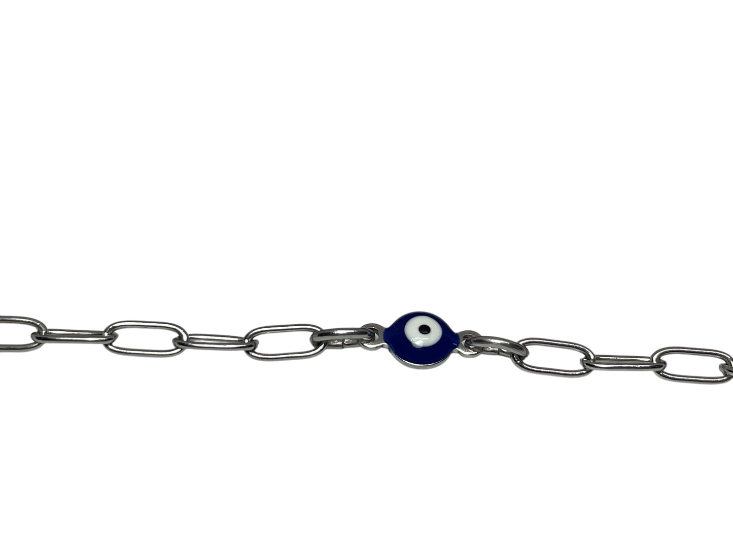 Chain with a blue evil eye charm on a white background