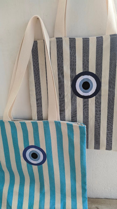 Striped Canvas Tote Bag | Embroidered Summer Bag | Greek Gift
