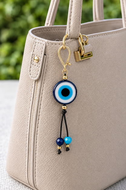 Greek Evil Eye Bag Charm – Gold-Plated Brass, Resin & Glass Beads