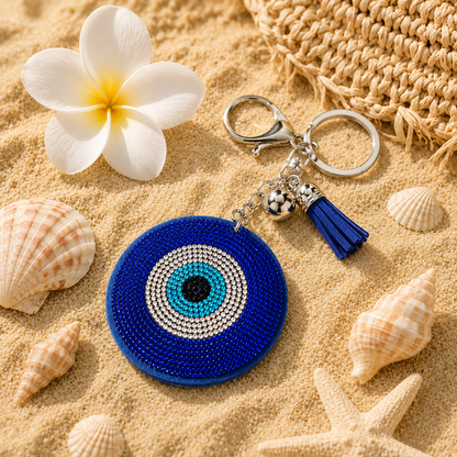 Blue beaded keychain with tassel on sand with shells and flower