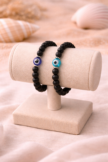 Bracelet En Onyx Noir Avec Oeil Bleu Protecteur – Bracelet Elastique Homme Femme – Bijou Porte-Bonheur