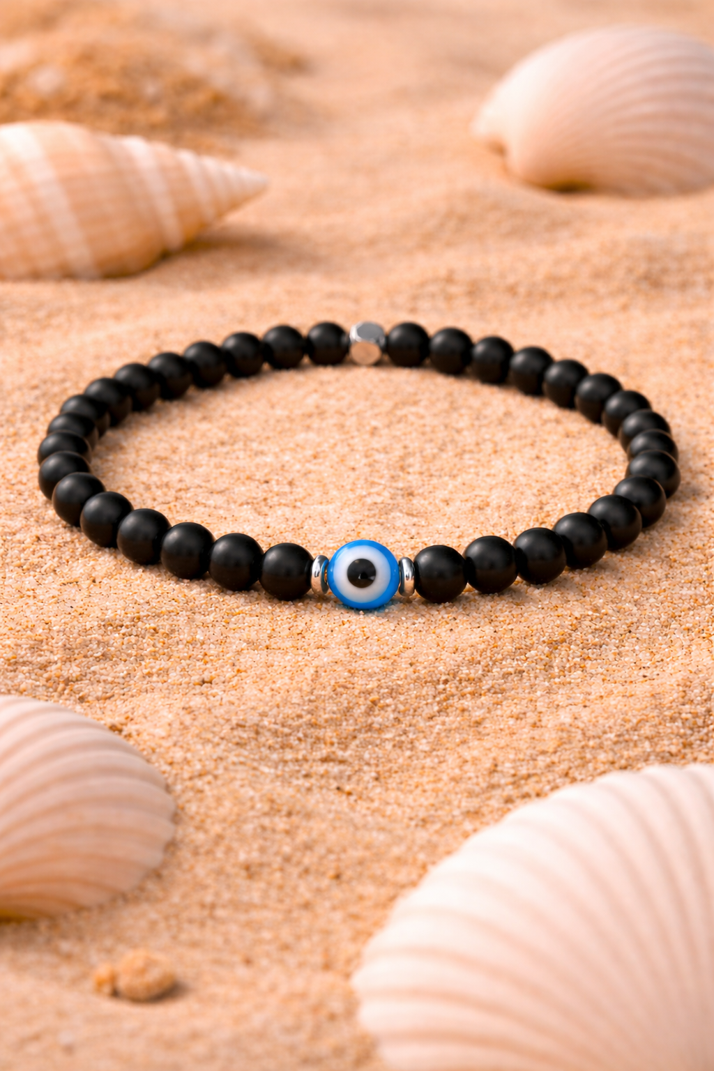 Bracelet En Onyx Noir Avec Oeil Bleu Protecteur – Bracelet Elastique Homme Femme – Bijou Porte-Bonheur
