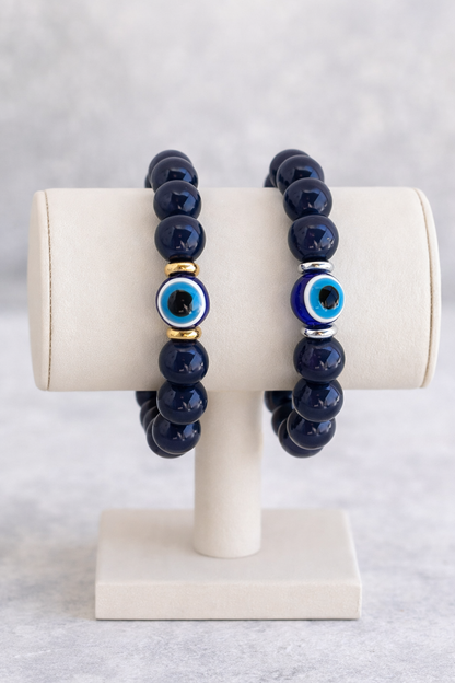 Navy Blue Evil Eye Bracelet – Acrylic Beaded Stretch Bracelet, Protection Jewelry, Lucky Charm, Silver or Gold Spacer Beads