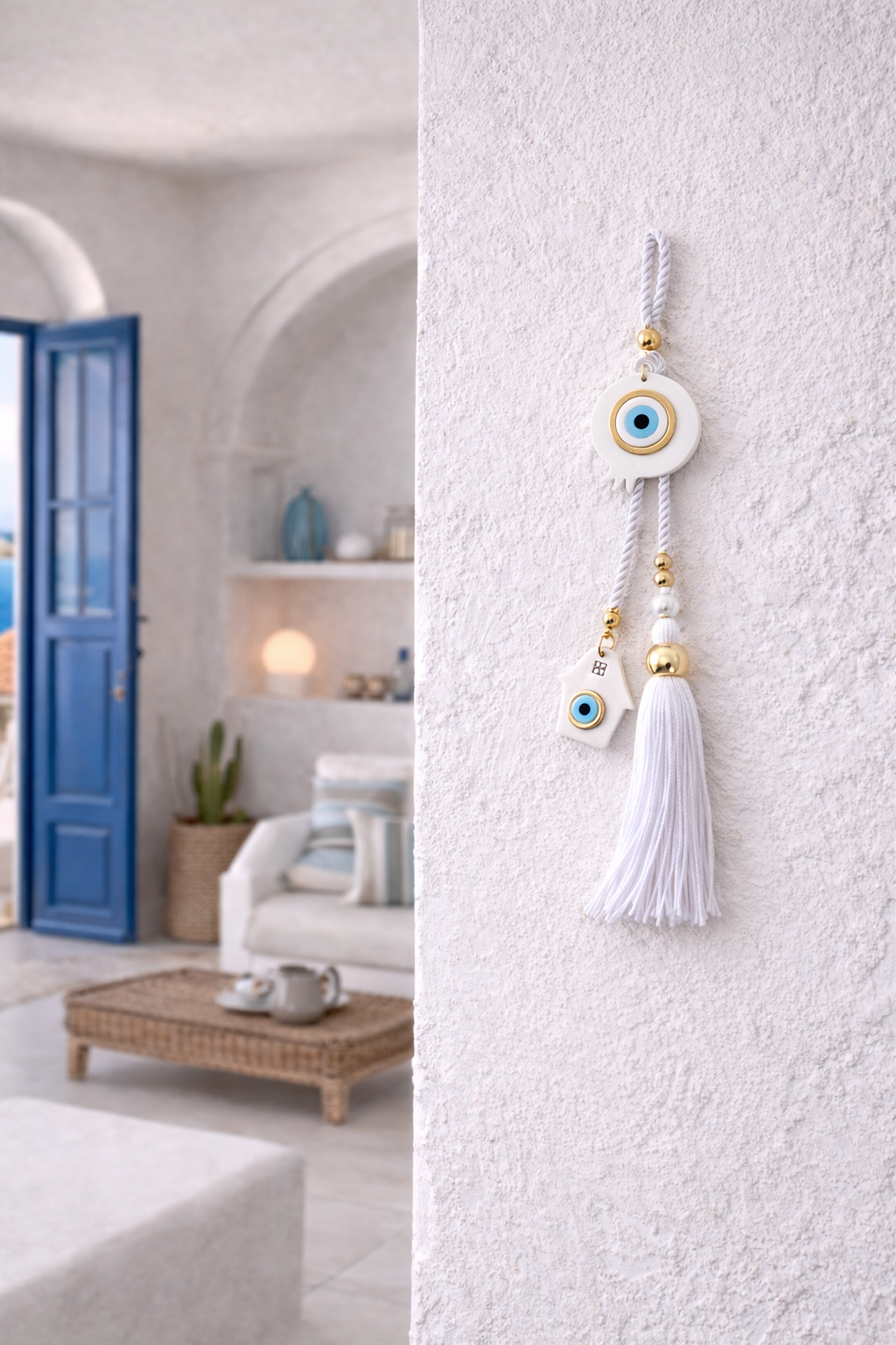 Handmade Evil Eye White Pomegranate Wall Hanging | Large Gold Tone Home Decor