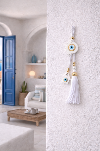 Handmade Evil Eye White Pomegranate Wall Hanging | Large Gold Tone Home Decor