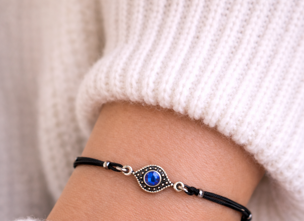 Evil Eye Adjustable Bracelet With Rhinestone - Good Luck Bracelet For Him or For Her