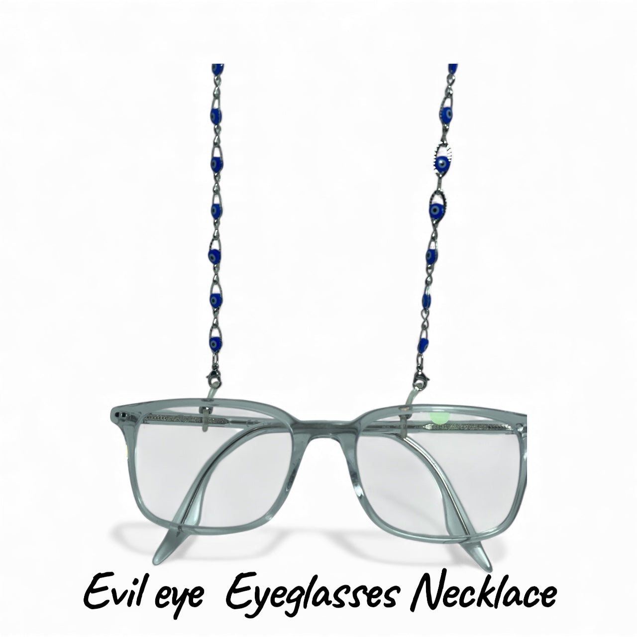 Eyeglasses with a blue beaded necklace on a white background