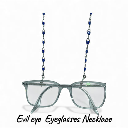 Eyeglasses with a blue beaded necklace on a white background
