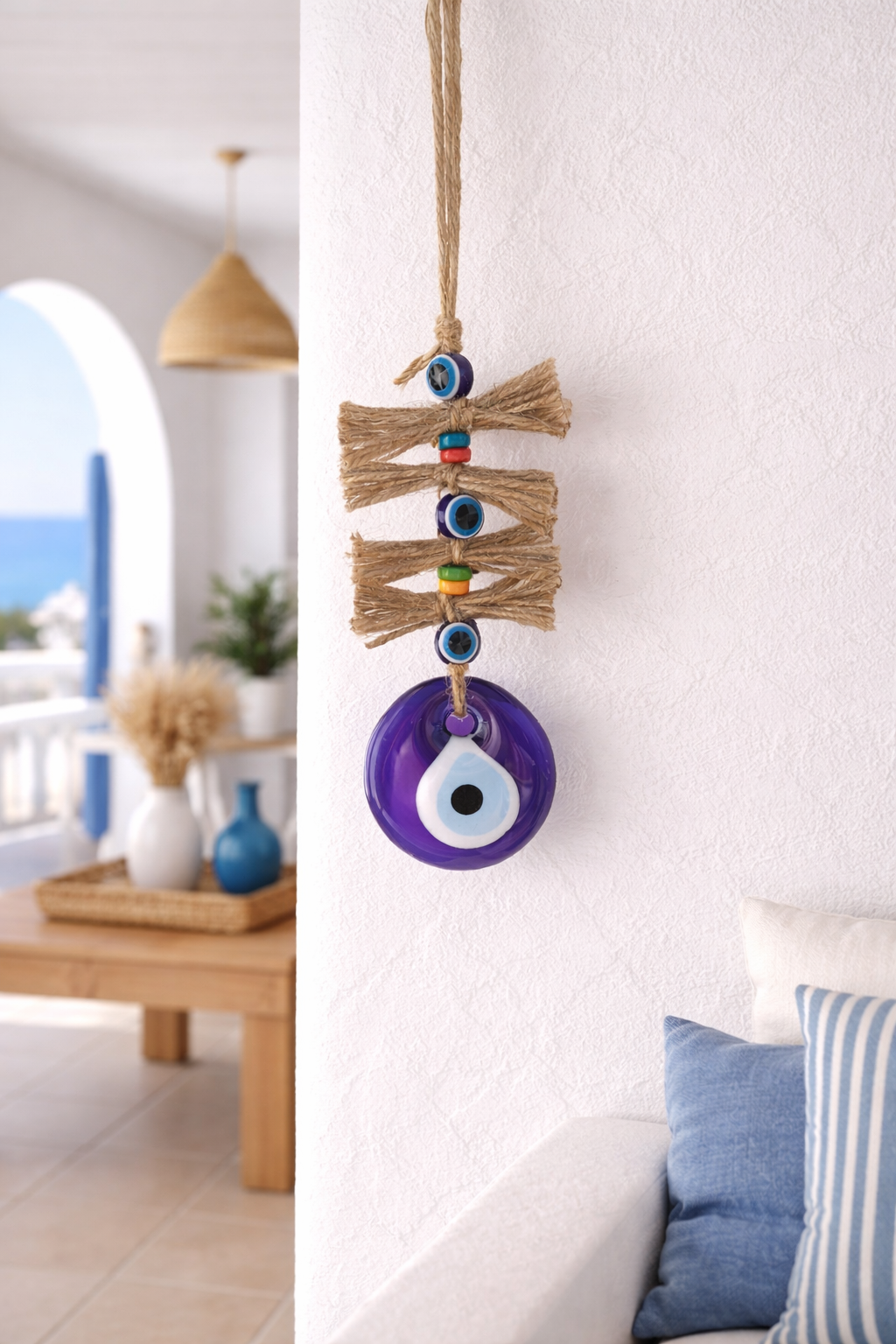 Oeil Bleu en Verre Suspension Murale - Protection de la maison