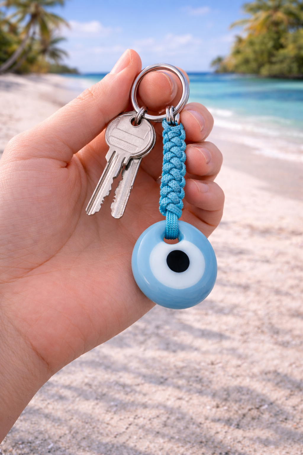 Glass Turquoise Evil Eye Keychain - Stainless Car Protection