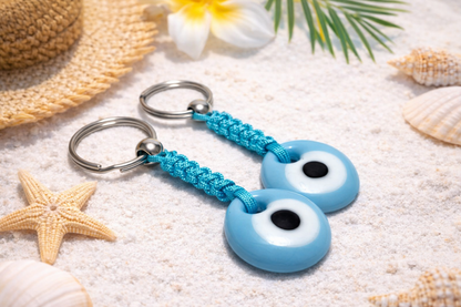 Glass Turquoise Evil Eye Keychain - Stainless Car Protection
