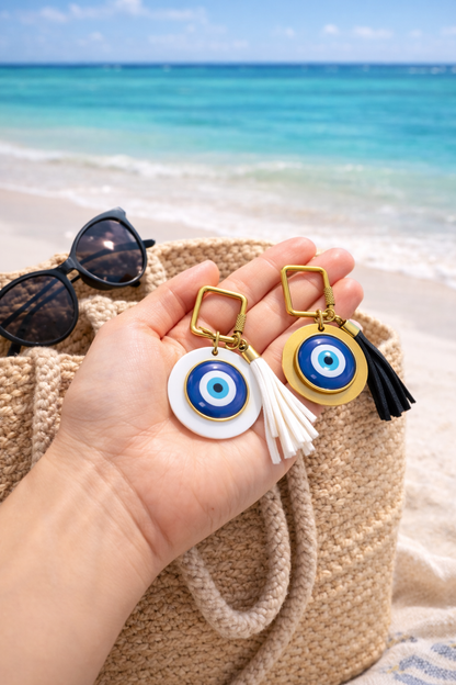 Handmade Evil Eye Bag Charm & Tassel Keychain | Greek Gift | Customizable Colors