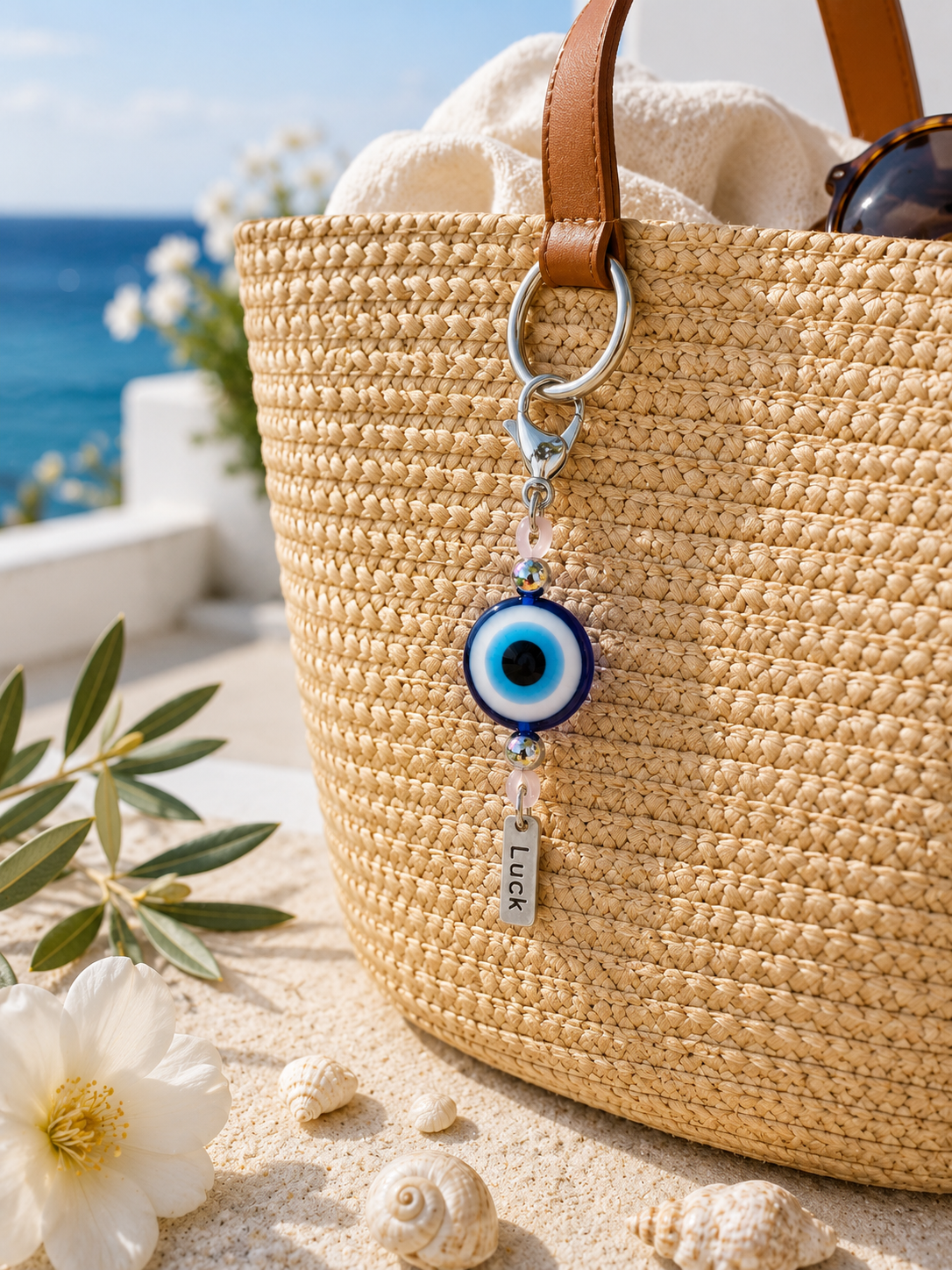 A woven straw tote bag on a sandy beach with the blue sea and sky in the background. A silver-tone keychain charm with a blue and white evil eye bead and a small silver tag engraved with 'LUCK' hangs from the bag's handle.