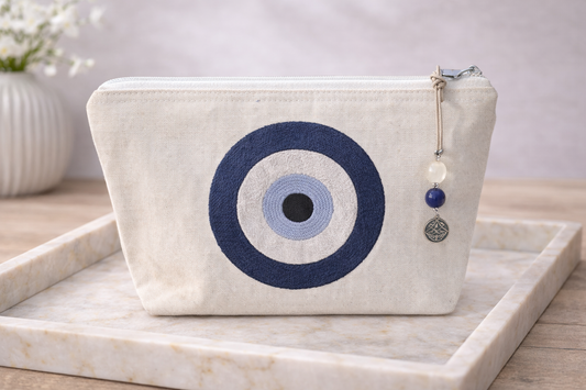Evil Eye Cosmetic  Bag - Greek gift - Cotton canvas - Embroidered Bag
