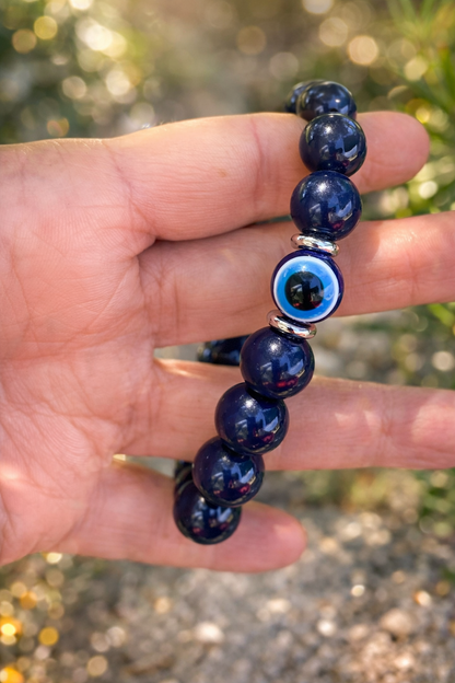 Navy Blue Evil Eye Bracelet – Acrylic Beaded Stretch Bracelet, Protection Jewelry, Lucky Charm, Silver or Gold Spacer Beads