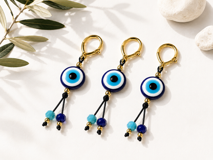 Greek Evil Eye Bag Charm – Gold-Plated Brass, Resin & Glass Beads