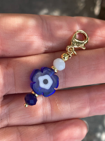 Blue Evil Eye Flower Bag Charm – Greek Inspired Bag Accessory – Handmade Gift
