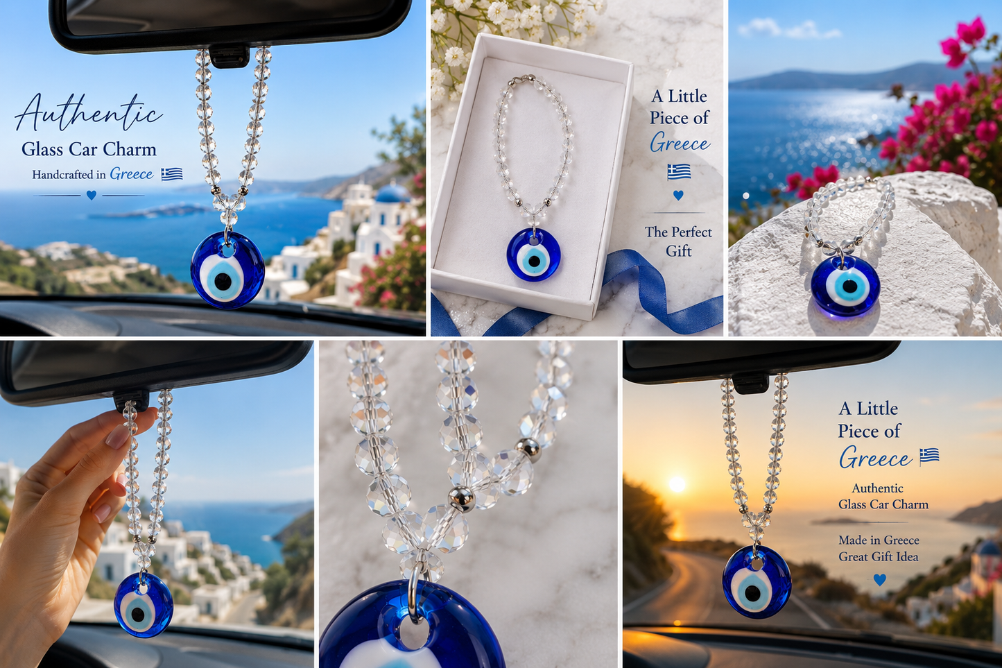 Greek Evil Eye Car Charm, Authentic Glass Nazar, Rearview Mirror Hanging, Crystal Beads,