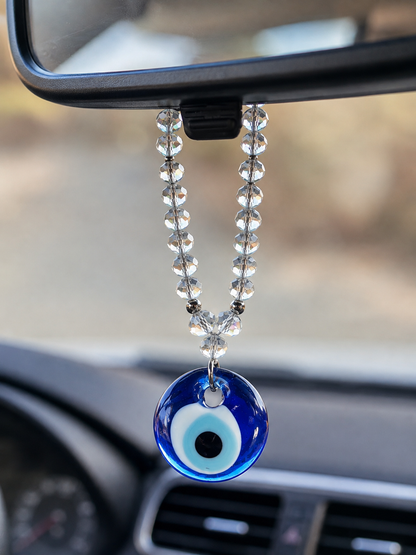 Greek Evil Eye Car Charm, Authentic Glass Nazar, Rearview Mirror Hanging, Crystal Beads,