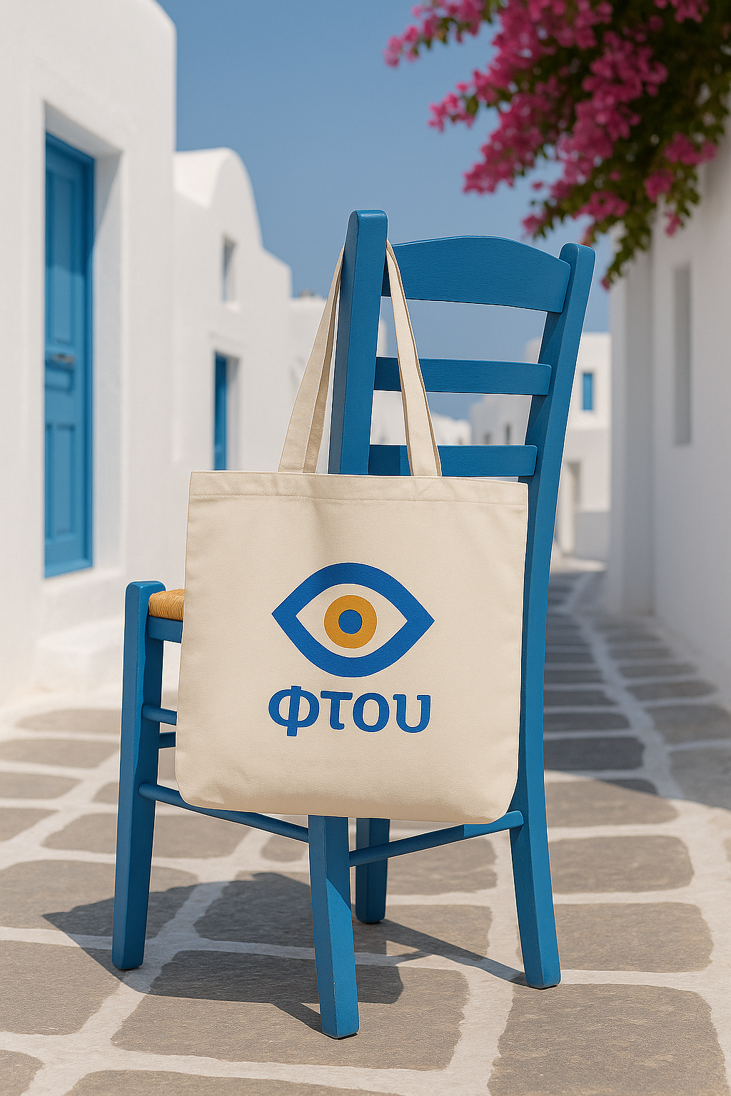 Tote bag with a logo and text on a blue chair in a picturesque setting