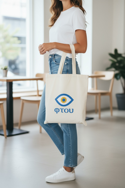 Person holding a white tote bag with a logo and text in an indoor setting