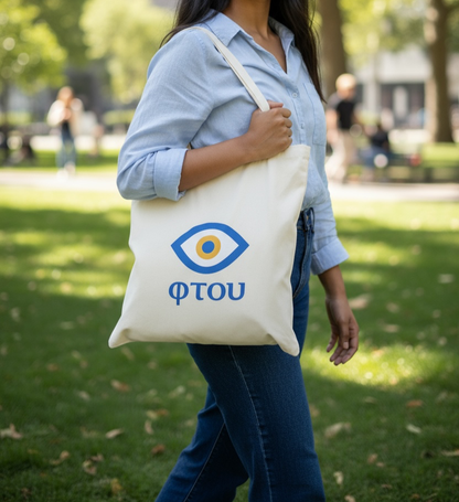 Person holding a tote bag with a logo and text in a park