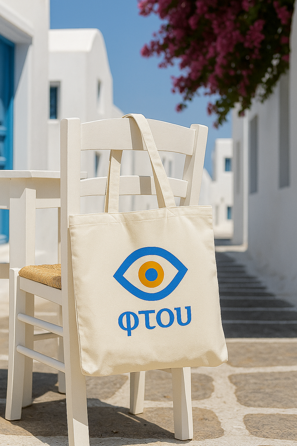 Beige tote bag with a logo and text on a white chair in a sunlit outdoor setting.