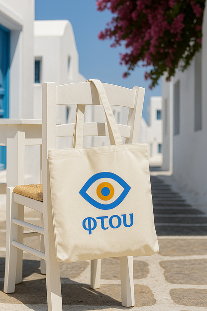 Beige tote bag with a logo and text on a white chair in a sunlit outdoor setting.
