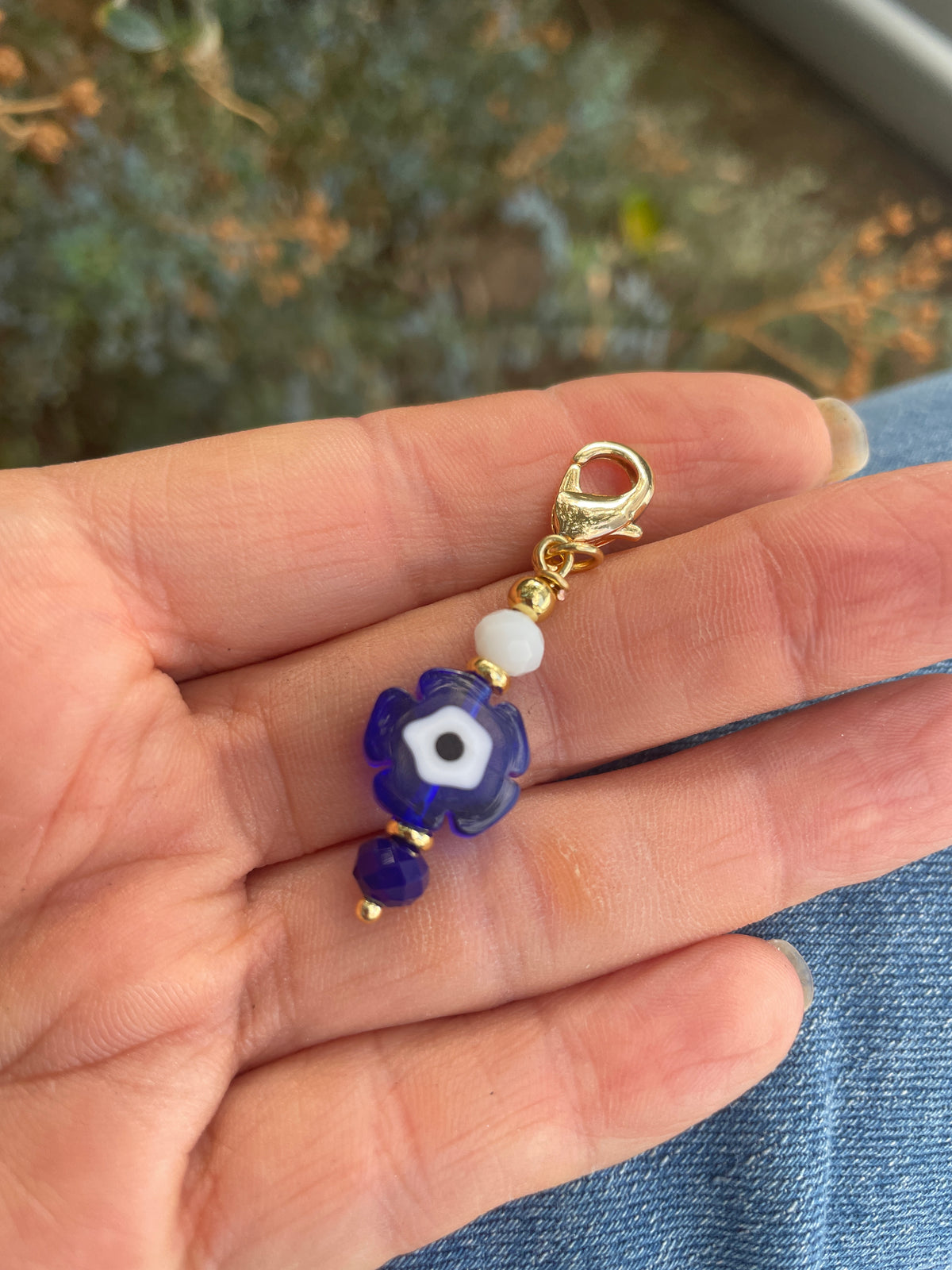 Blue Evil Eye Flower Bag Charm – Greek Inspired Bag Accessory – Handmade Gift