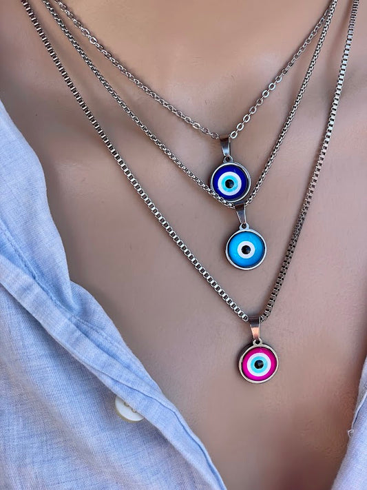 Collier Oeil Bleu en Acier 6 Couleurs Au Choix 