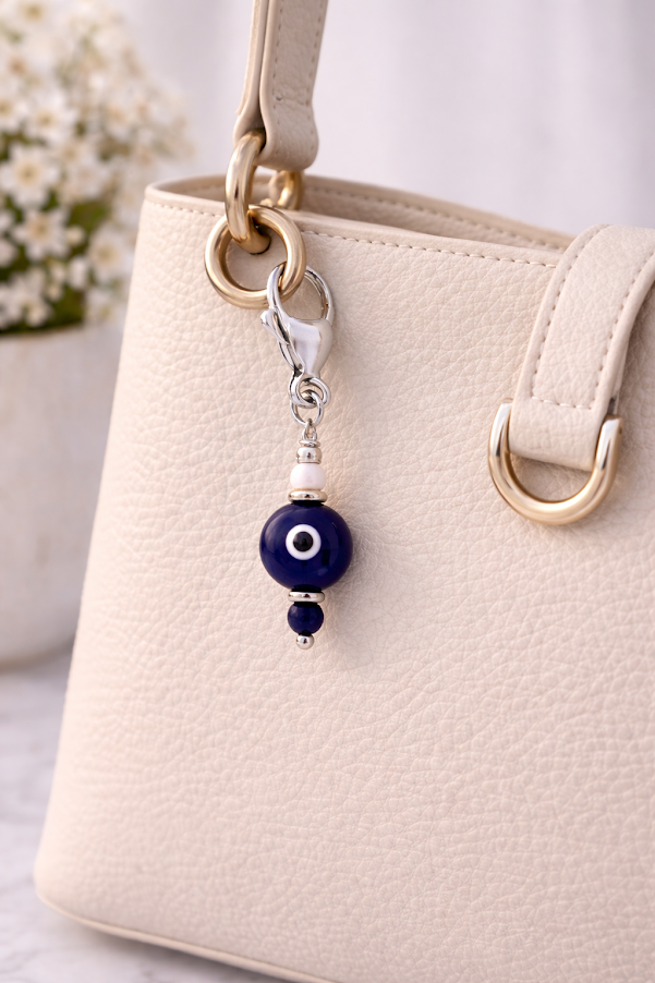 Beaded keychain with blue evil eye charm attached to a beige handbag.