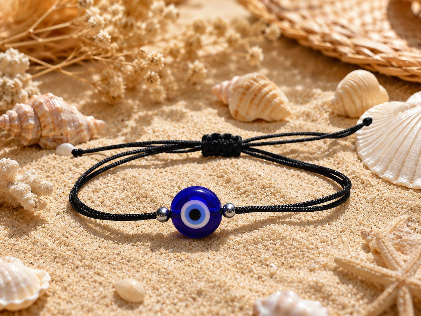 A black cord bracelet with a blue glass evil eye bead, displayed on a sandy beach background with seashells and dried grass.