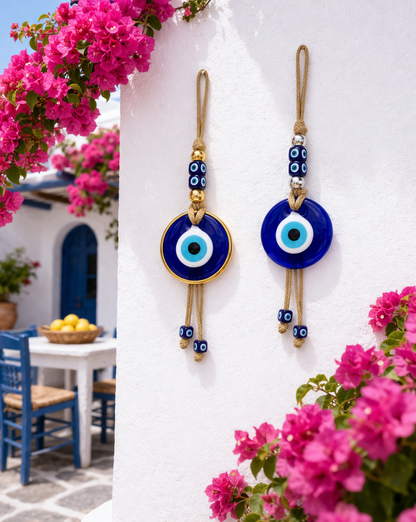 Evil eye decorations hanging on a white wall with pink flowers and a blue door in the background.