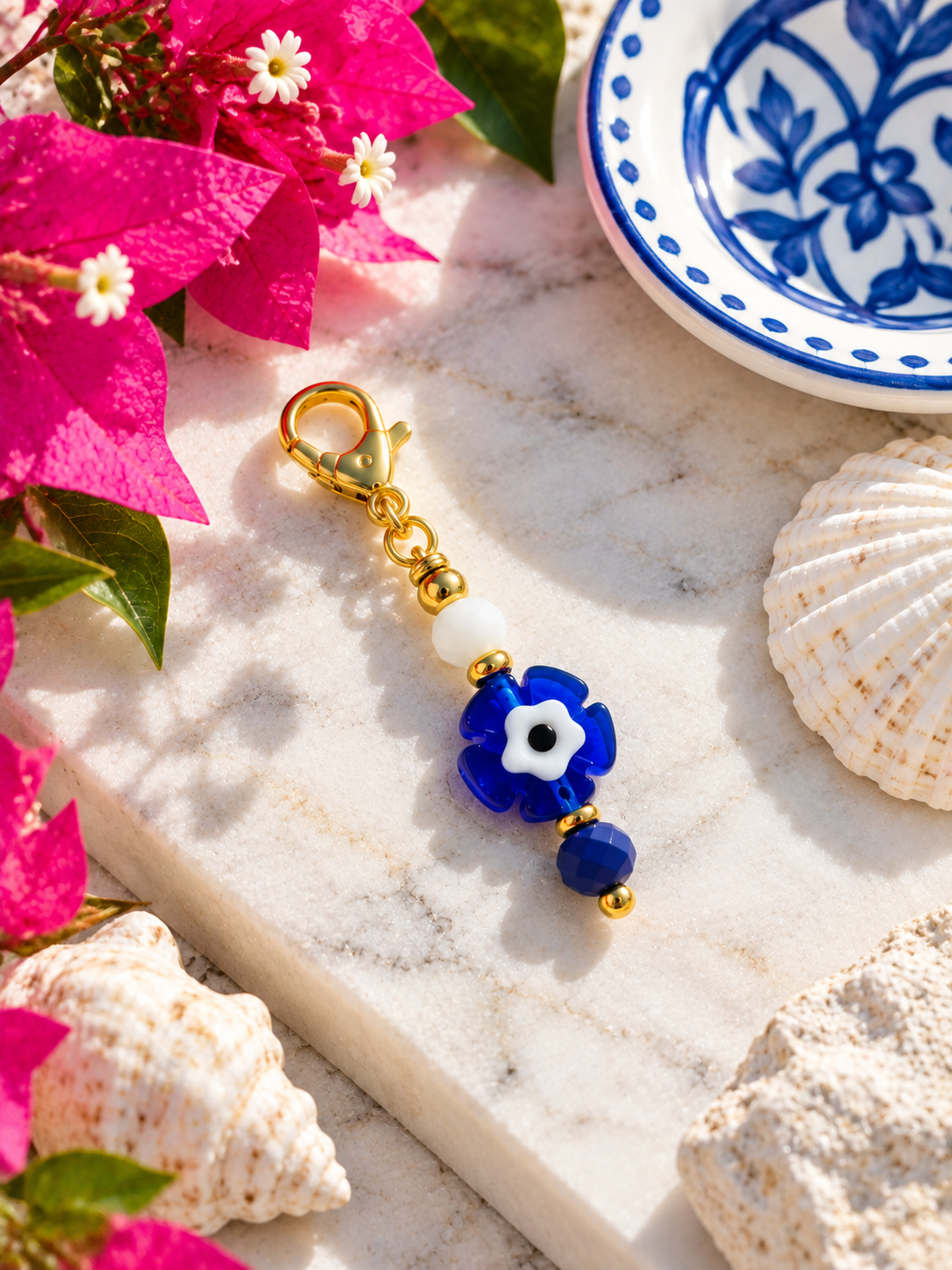 Blue Evil Eye Flower Bag Charm – Greek Inspired Bag Accessory – Handmade Gift