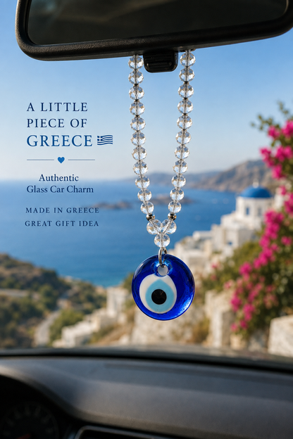 Greek Evil Eye Car Charm, Authentic Glass Nazar, Rearview Mirror Hanging, Crystal Beads,